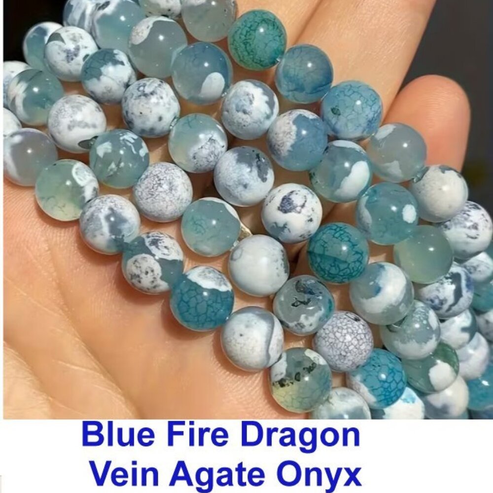Beautiful Blue Fire Dragon Vein Agate Onyx 15" Strand